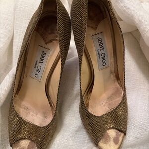 Jimmy Choo Metallic Gold Peep Toe Heels perfect for the Holidays.